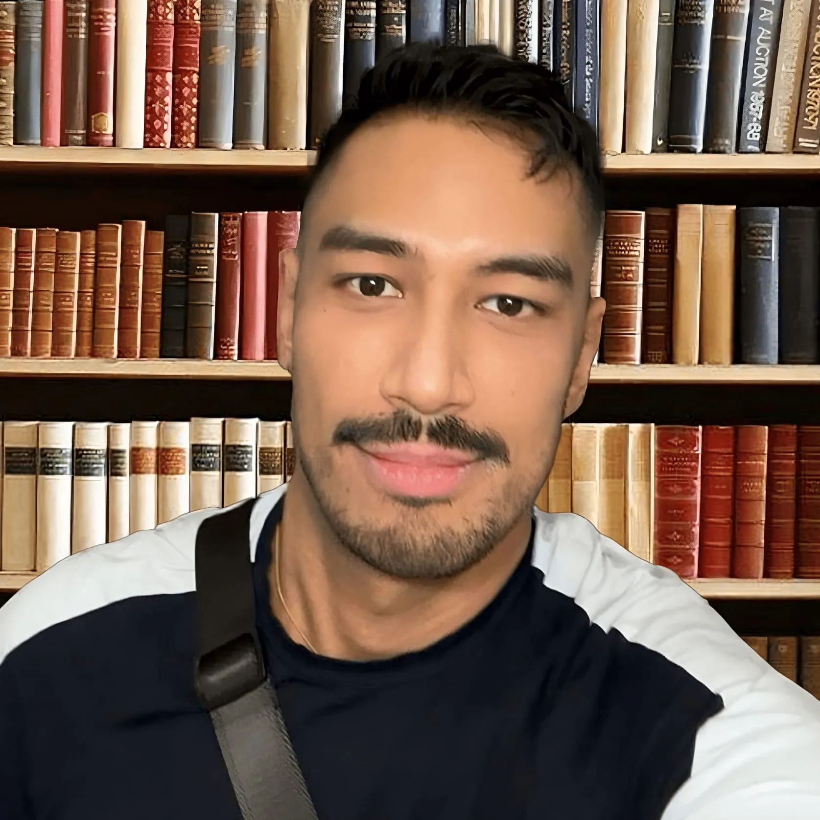 Shaun in front of a wall of old books